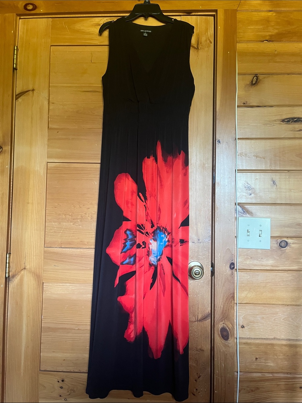 Nina Leonard Black Maxi Dress with Red and Blue Floral Accent